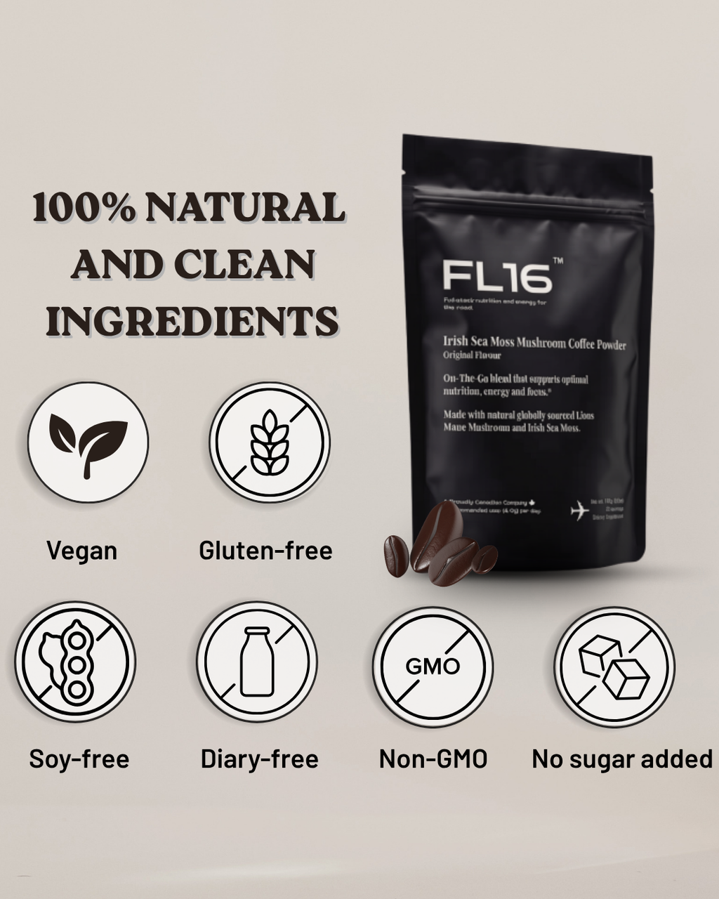 A black stand-up pouch of FL16 Irish Sea Moss Mushroom Coffee Powder with a few coffee beans in front, shown on a light beige background with marketing text and icons for vegan, gluten-free, soy-free, diary-free, non-GMO, and no sugar added.