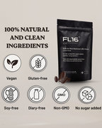 A black stand-up pouch of FL16 Irish Sea Moss Mushroom Coffee Powder with a few coffee beans in front, shown on a light beige background with marketing text and icons for vegan, gluten-free, soy-free, diary-free, non-GMO, and no sugar added.