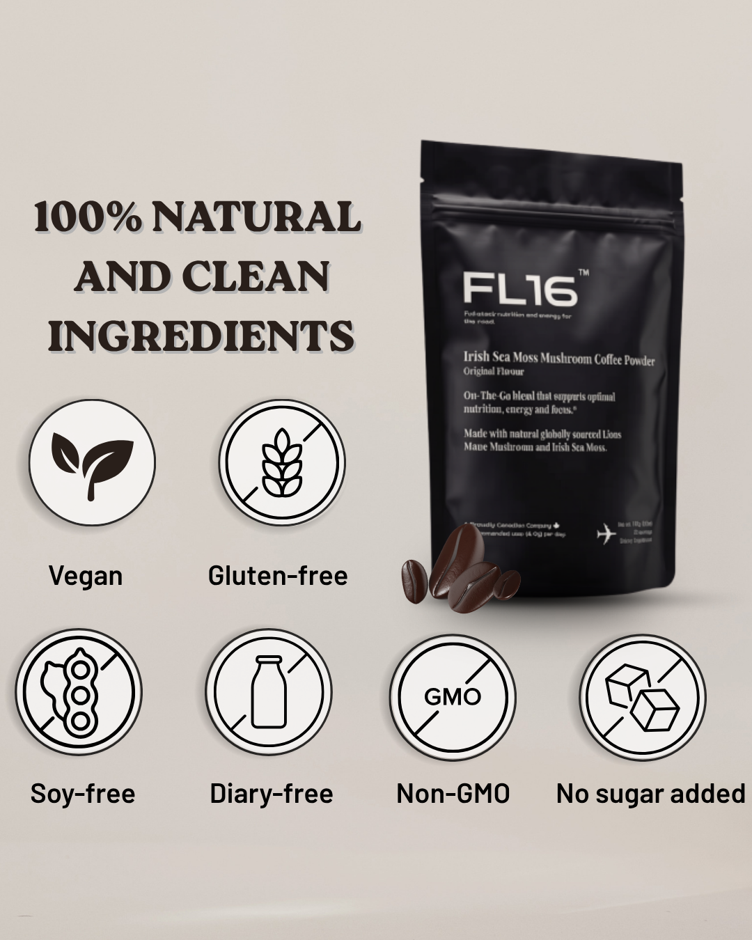 A black stand-up pouch of FL16 Irish Sea Moss Mushroom Coffee Powder with a few coffee beans in front, shown on a light beige background with marketing text and icons for vegan, gluten-free, soy-free, diary-free, non-GMO, and no sugar added.