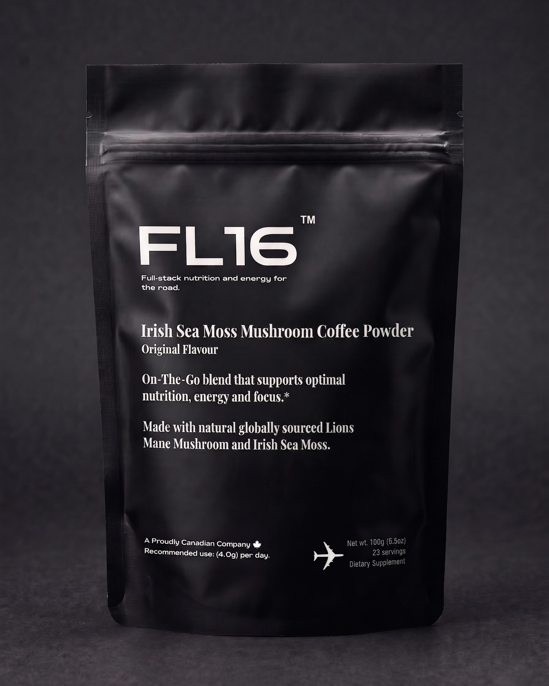 A black stand-up pouch of FL16 Irish Sea Moss Mushroom Coffee Powder, Original Flavour, photographed against a dark gray background.