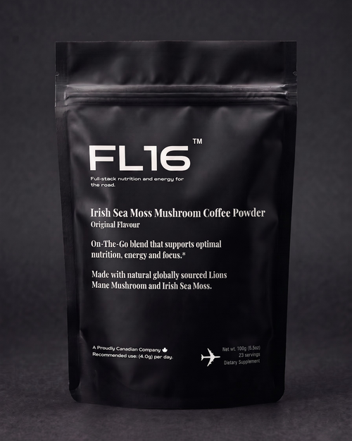 A black stand-up pouch of FL16 Irish Sea Moss Mushroom Coffee Powder, Original Flavour, photographed against a dark gray background.